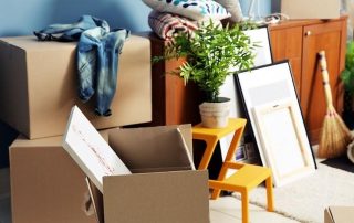 A room with packed moving boxes, a potted plant, framed pictures, a denim jacket, a broom, and rolled-up rugs, indicating preparations for moving.