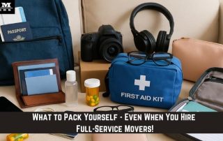Various travel essentials including a passport, camera, first aid kit, medications, glasses, and toiletries are laid out on a surface, highlighting important items to pack personally.
