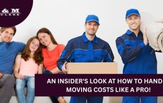 Two movers in blue uniforms stand holding a box and rolled carpet, while a family of four sits on a couch in the background. Text overlay promotes advice on handling moving costs.