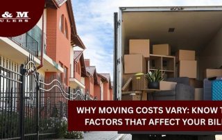 A moving truck filled with boxes and furniture is parked outside a row of houses; a banner reads, WHY MOVING COSTS VARY: KNOW THE FACTORS THAT AFFECT YOUR BILL!.